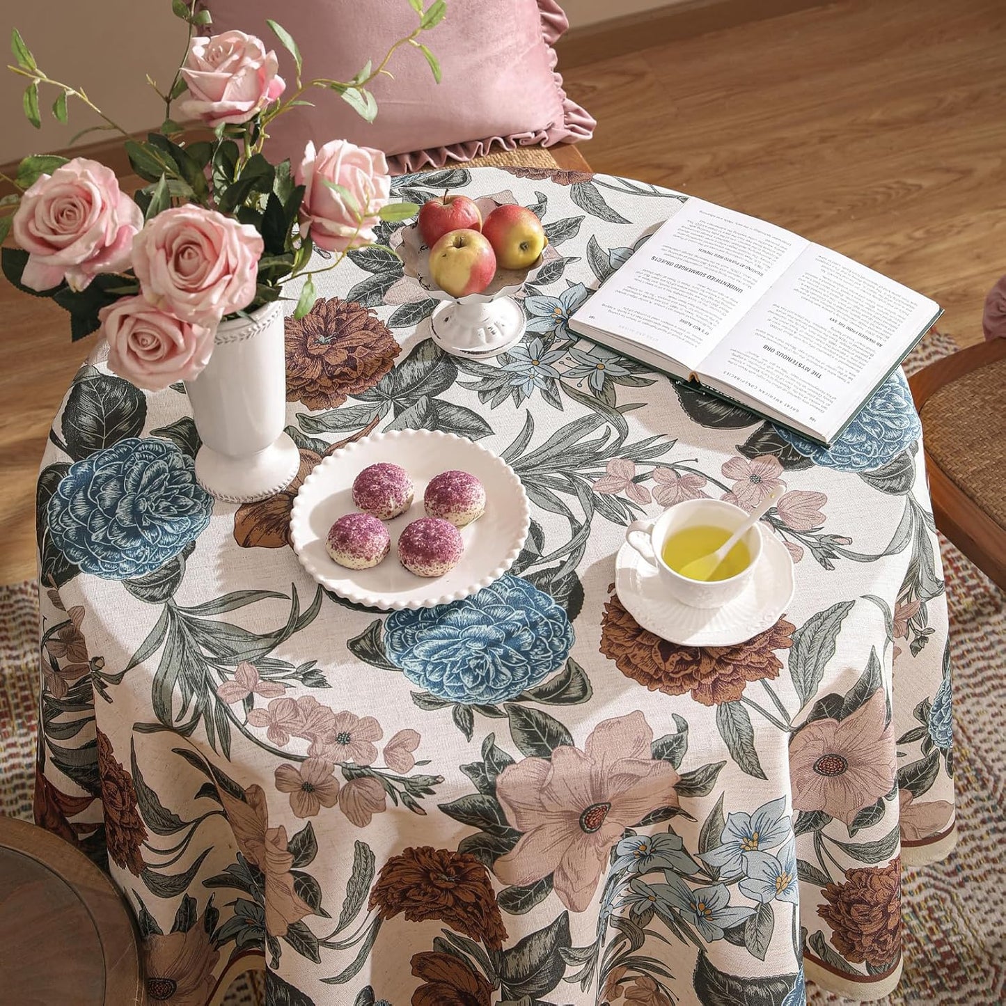 Designer French Linen Small Tablecloth for Round Table,Red and Blue Floral Durable Tablecloths,Decor Table Cover for Kitchen,Dining,Thanksgiving,Christmas,Diameter 55"-Burgundyred