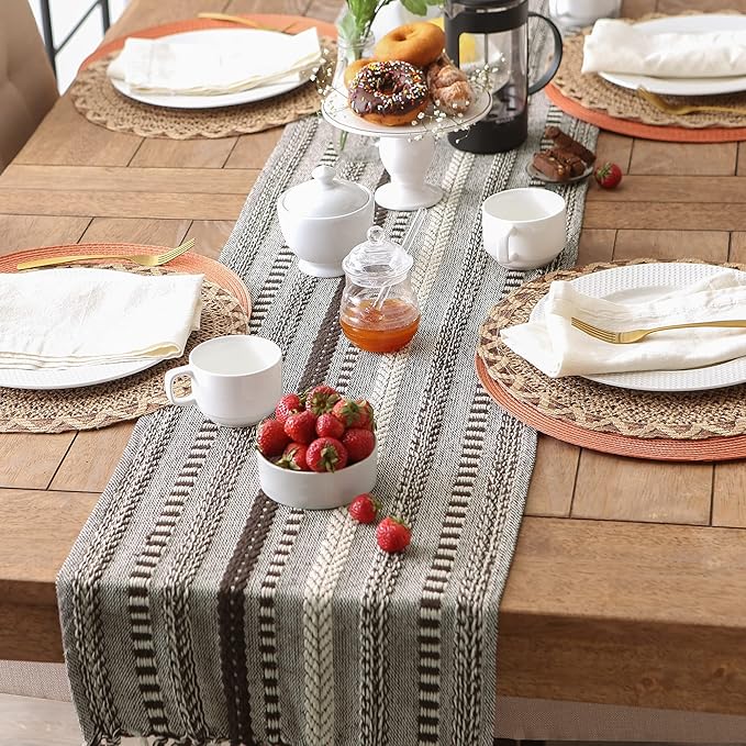DII Farmhouse Braided Stripe Table Runner Collection, 15x72 (15x77, Fringe Included), Dark Brown