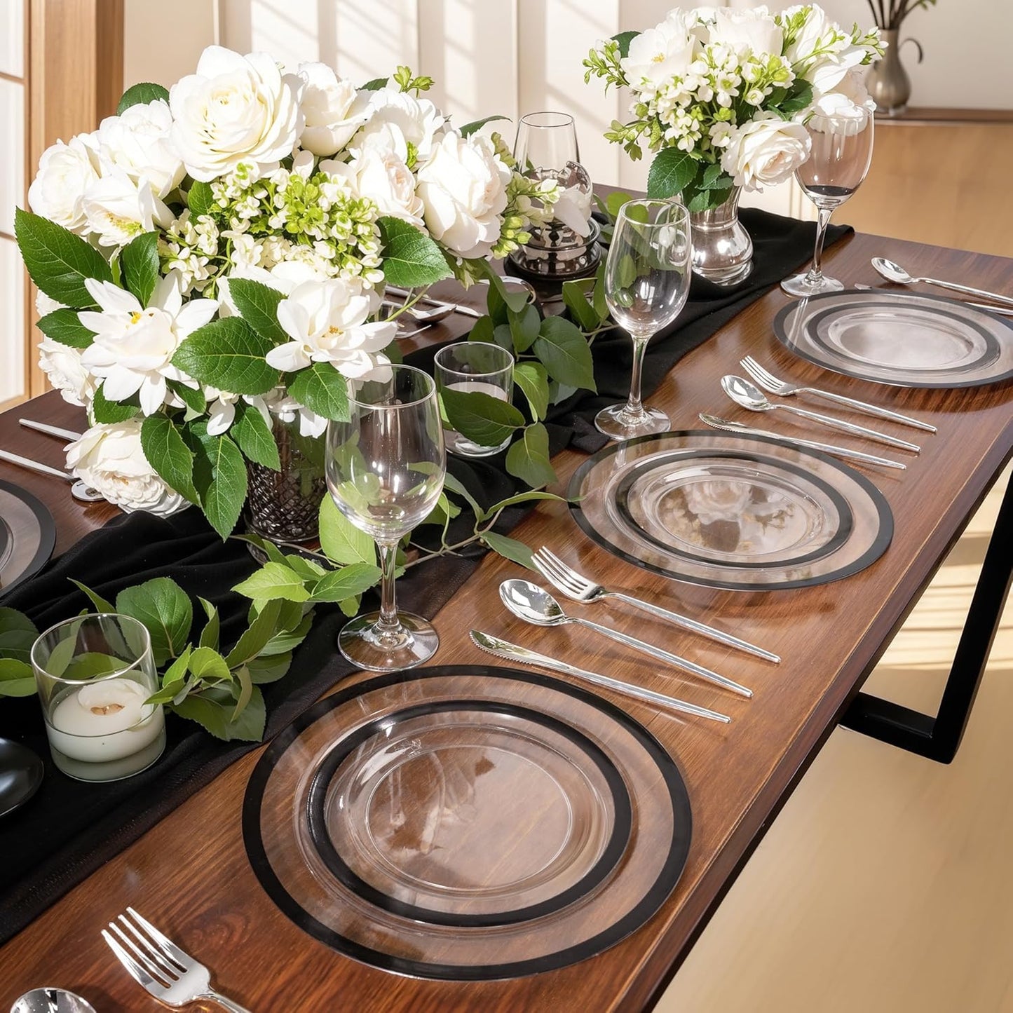 U-QE 200 Pcs Black Plastic Plates for Party - Black Plates Disposable Heavy Duty - Include 100 Dinner 10'' & 100 Dessert 7'', Perfect for Party & Wedding (Heavyweight)