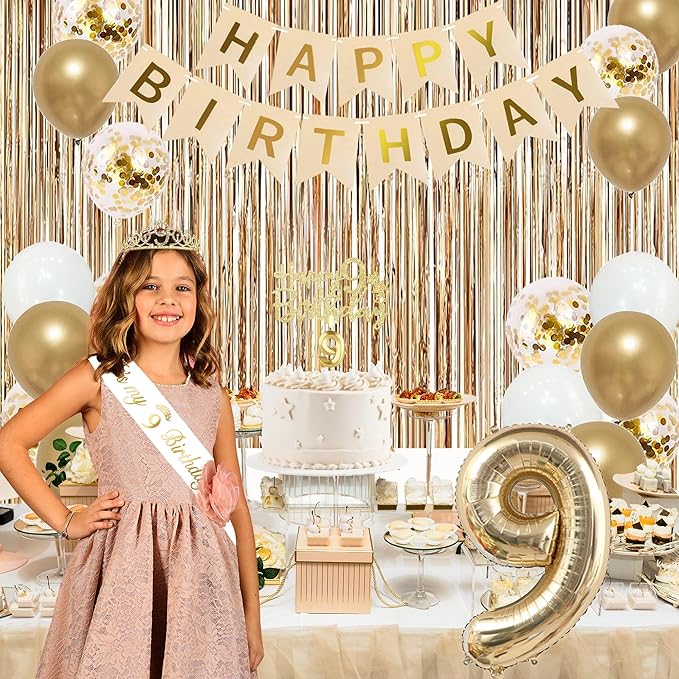 Trgowaul 9th Birthday Decorations for Girls, Banner, Sash and Crown, Cake Topper, 9 Number Balloon, Fringe Curtains, Champagne Gold 9th Birthday Party Supplies