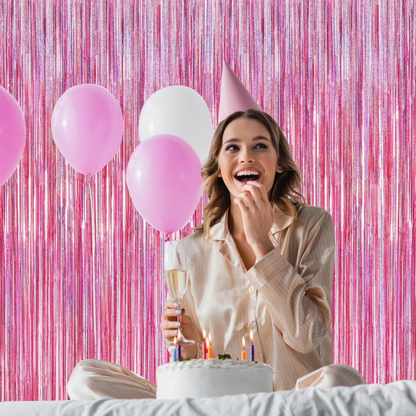 12 Pack Pink Backdrop, 3.28 FT x 7.05 FT Foil Streamers, Metallic Glitter Backdrop Pink Tinsel Fringe Curtains Party Streamers, Pink Birthday Party Decorations Photo Booth Props