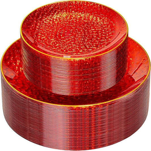 Rubtlamp 60 Pcs Red Plasitc Plates, Gold Red Disposable Plates, Fancy Party Plates, Hammered Plastic plates Include 30 Dessert Platos, 30 Dinner Platos for Party