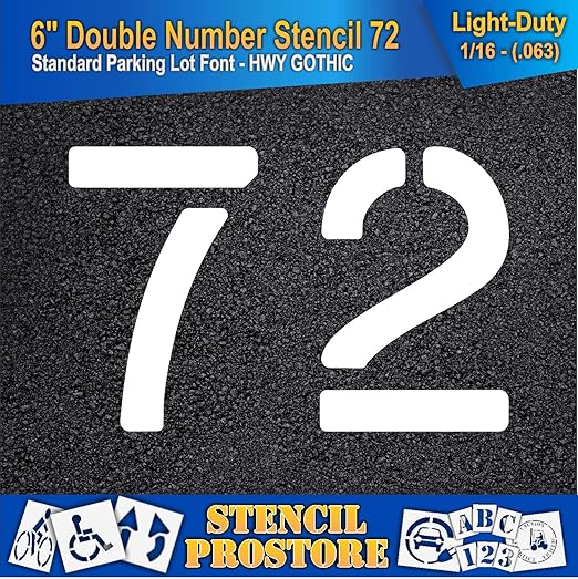 Pavement, Curb, and WheelStop Stencils - 6 inch Double Number Stencil - (72) - 6" x 9" x 1/16" (63 mil) - Light-Duty