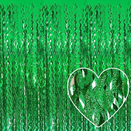 4 Pack Green Fringe Curtain Backdrop 3.2Ft x 8.2Ft Metallic Tinsel Foil Fringe Streamers Background for Photo Booth, Easter, Mother's Day, Bachelorette, Wedding, Birthday Party Decoration