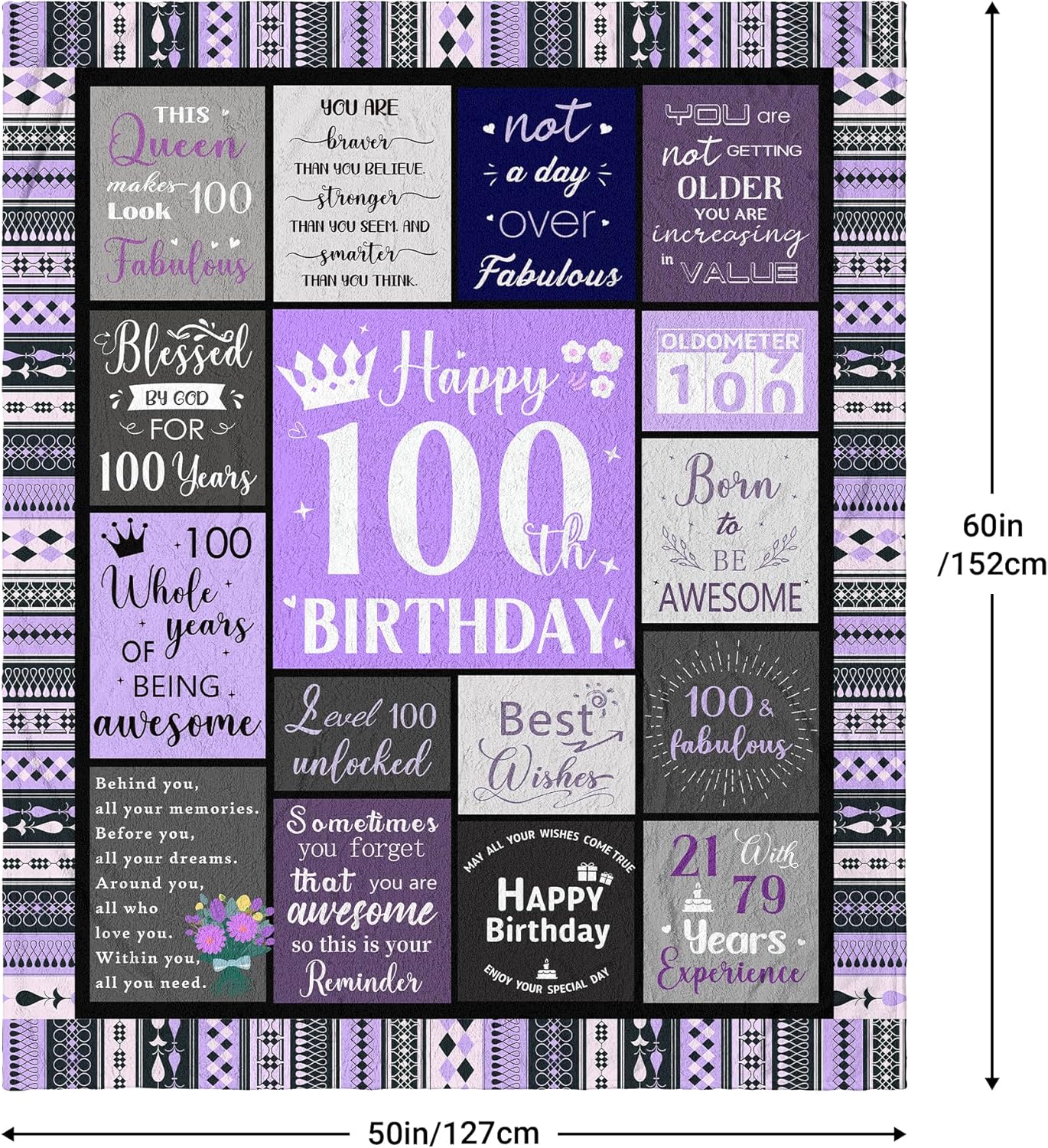 100th Birthday Gifts for Women Soft Purple Blanket 60"X50", Best Gifts for 100 Year Old Woman Decorations Party Supplies, Happy 100th Birthday Gift Ideas, 1925 Bday Present for Mom Grandma
