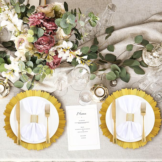 Tanlade 50 Set Bright Gold Charger Plates Bulk with Napkin Rings Plastic 13" Plate Charger Fluted Edge Wedding Decoration for Table Wedding Party Event(Gear)