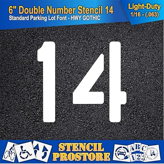 Pavement, Curb, and WheelStop Stencils - 6 inch Double Number Stencil - (14) - 6" x 6" x 1/16" (63 mil) - Light-Duty