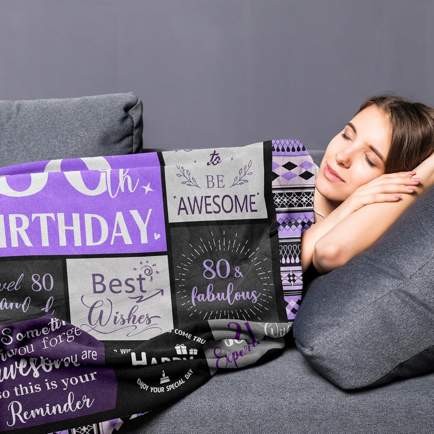 Happy 80th Birthday Gifts for Women, Cool 80th Birthday Gift Ideas, Unique Gifts for 80 Year Old Woman, 1945 Present for 80 Year Old Mom Grandma, Soft Purple 80 th Blanket Throw 60"X50"