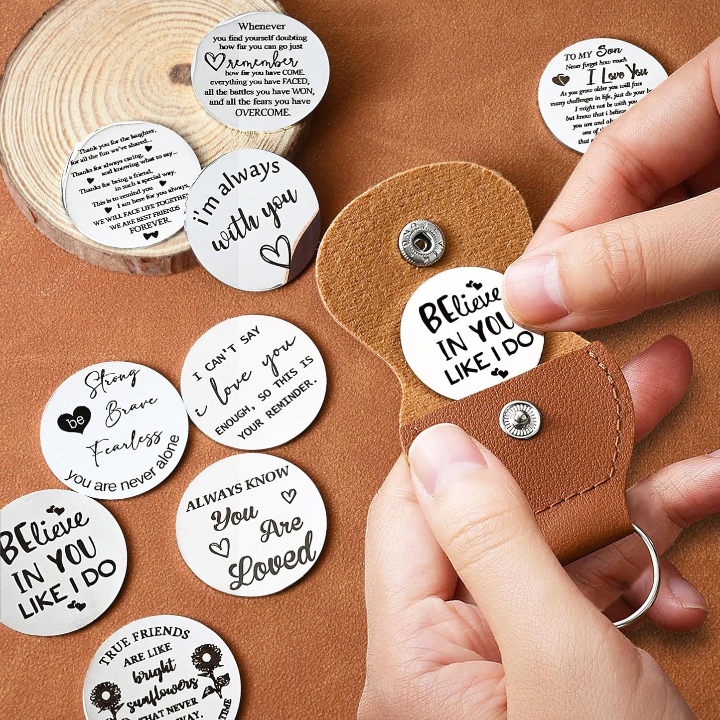OUMILAN Pocket Hug Token Gifts for Men Boyfriend Girlfriend Inspirational Gift for Son Daughter Brother with Leather Keychain