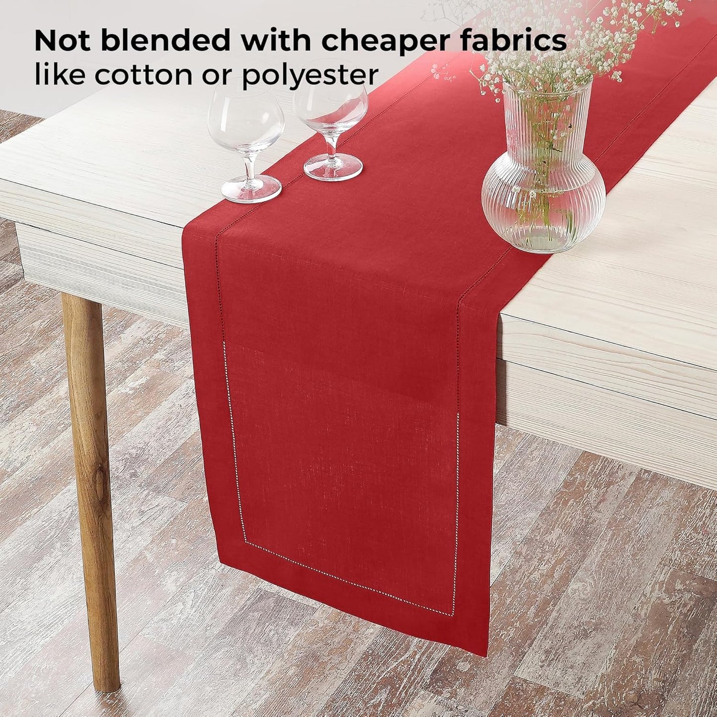 D'Moksha Homes Linen Bright Red Table Runner 84 Inches Long - 100% Pure Linen Table Runner 14 x 84 Inch for Fall, Autumn and Halloween - Classic Hemstitch