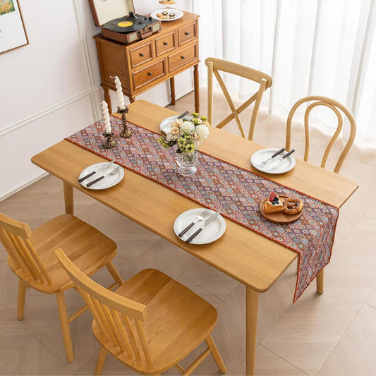 Boho Embroidery Table Runner, Geometry Fall Kitchen Dining Table Decoration for Home Party Decor 13x108Inch