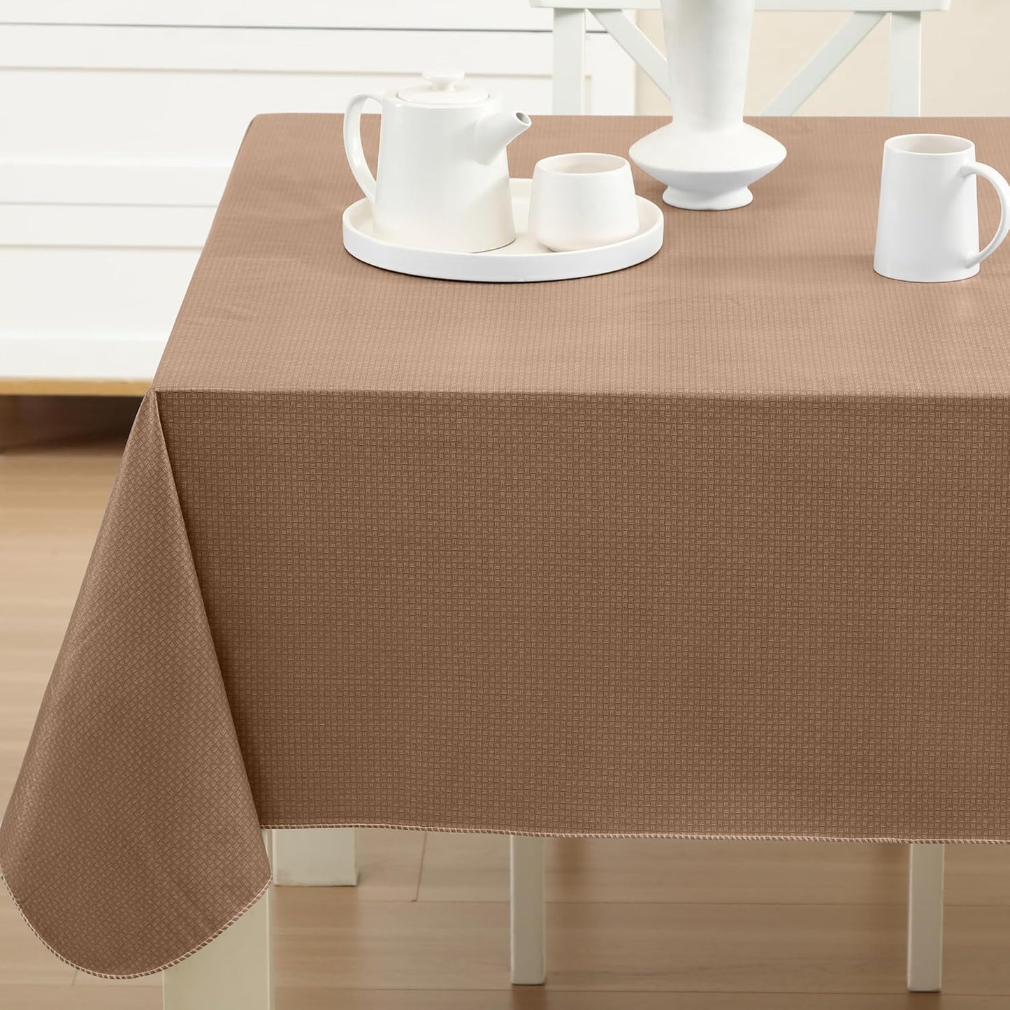 Newbridge Basketweave Vinyl Flannel Backed Tablecloth, 52 x 70 Inch Rectangle, Taupe, Basket Weave Textured Indoor Outdoor Waterproof Table Cover for Patio, Kitchen, Dining