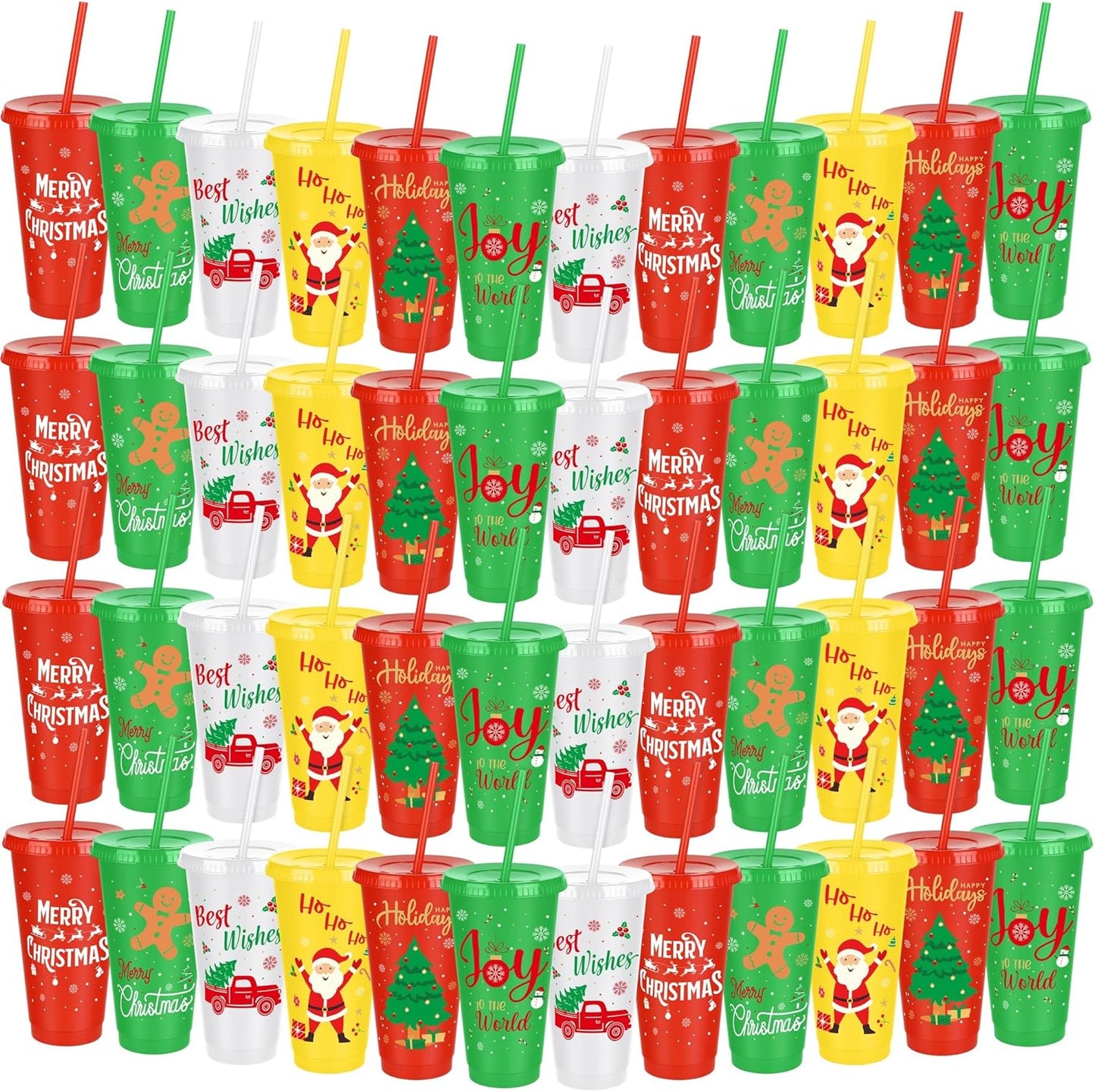 48 Pieces Christmas Plastic Cups 24oz Reusable Plastic Tumbler with Lids and Straws Bulk Christmas Holiday Drinking Cups for Xmas Party Supplies, 6 Designs