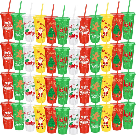 48 Pieces Christmas Plastic Cups 24oz Reusable Plastic Tumbler with Lids and Straws Bulk Christmas Holiday Drinking Cups for Xmas Party Supplies, 6 Designs