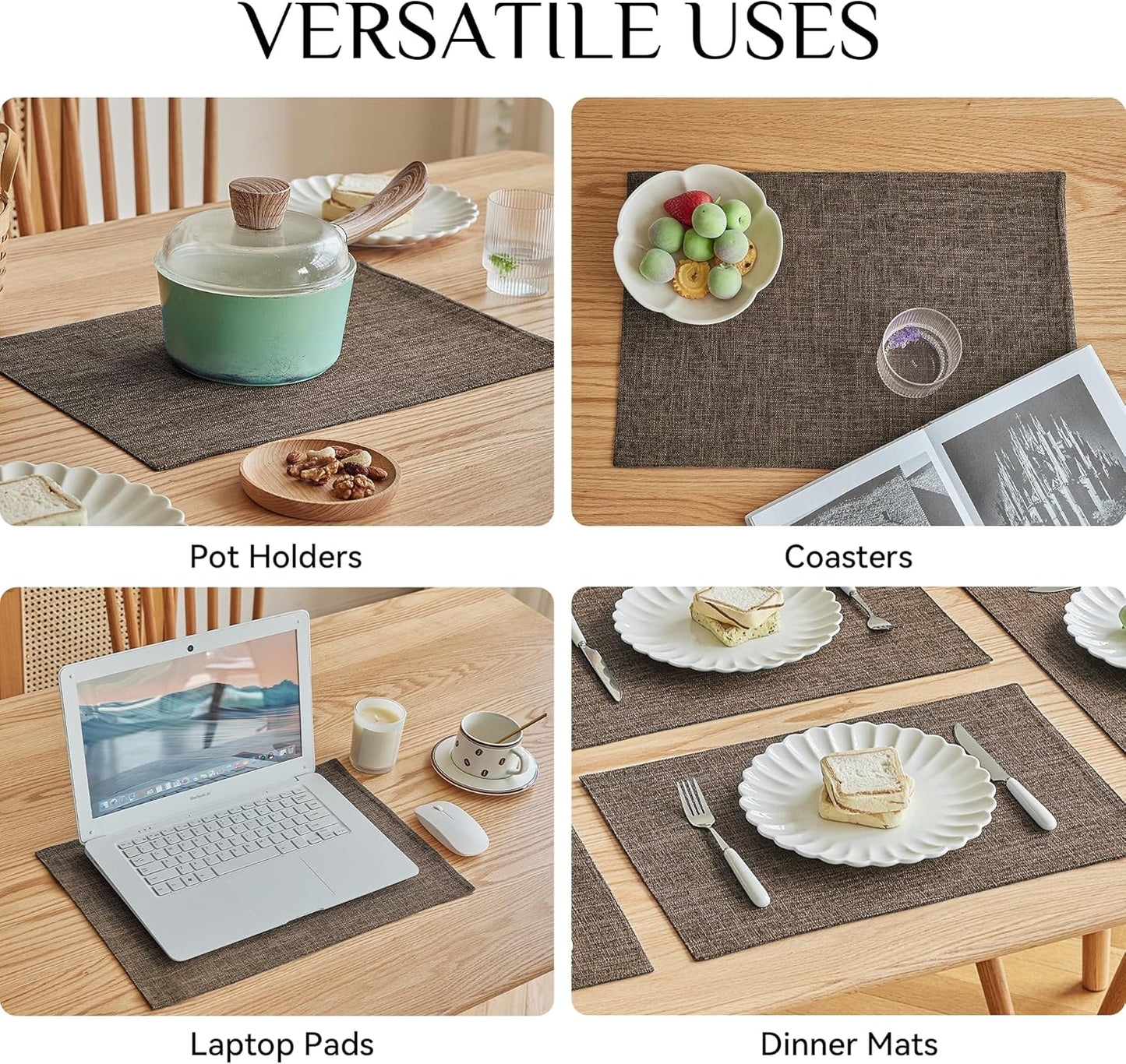 Softalker Faux Linen Placemats Set of 12-12 x 18 Inch, Heat Resistant Double Layered Durable Burlap Farmhouse Place Mats, Non-Slip Washable Rustic Table Mats for Dining, Kitchen, Party（Brown