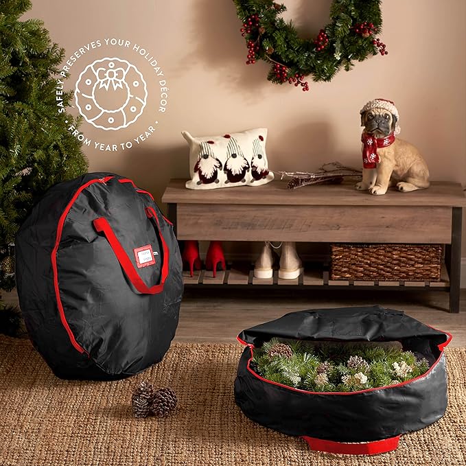 ZOBER 2 Pack Oxford Christmas Wreath Storage Container 48 Inch - Wreath Bag for Artificial Wreaths Box - Waterproof Fabric, Dual Zippered Wreaths Storage Bag With Strong Durable Handles - Black