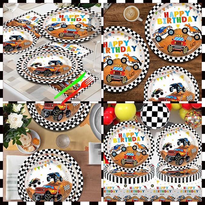 182pcs Monster Truck Party Supplies,Kids Birthday Plates and Napkins Set for Boys Birthday Party Decorations,Serves 30 Guests