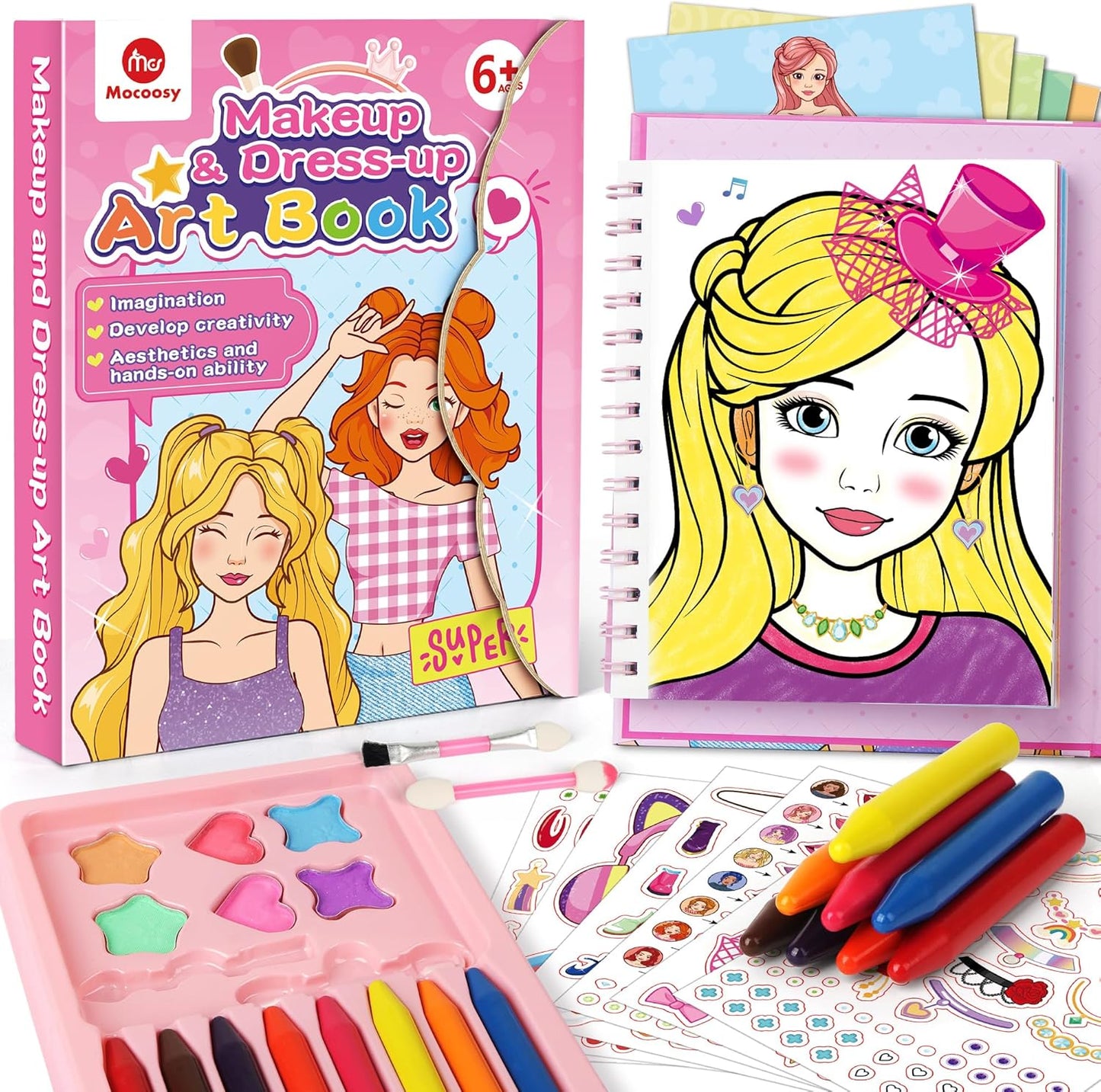 Mocoosy Makeup Craft Kit for Girls Ages 6-8, Pretend Makeup Coloring Activity Book with Stickers, Mess-Free Dress-Up Art and Crafts, Travel Game Road Trip Toy Birthday Gift for 4 7 9 10 12 Years Old