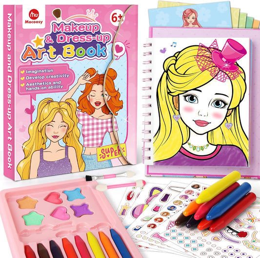 Mocoosy Makeup Craft Kit for Girls Ages 6-8, Pretend Makeup Coloring Activity Book with Stickers, Mess-Free Dress-Up Art and Crafts, Travel Game Road Trip Toy Birthday Gift for 4 7 9 10 12 Years Old
