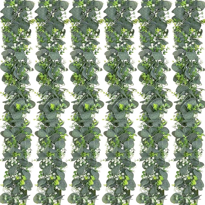 Dolicer 6 Packs 6FT Artificial Eucalyptus Garland, Faux Greenery Garland Fake Vines Hanging Silver Dollar Eucalyptus Leaves for Wedding Backdrop Arch Table Wall Party Home Decor