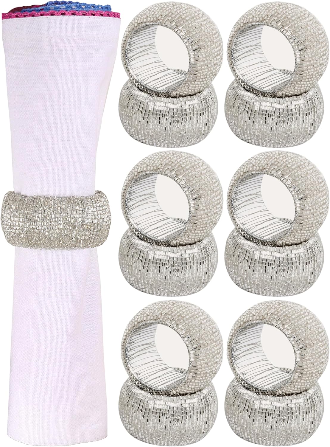 ALPHA Living HOME Beaded Napkin Rings Set of 12- Beaded Napkin Holders for Christmas, Thanksgiving, Holiday Party, Dinner PartyWeddings, Parties, Family Gatherings, and Table Décor - Silver