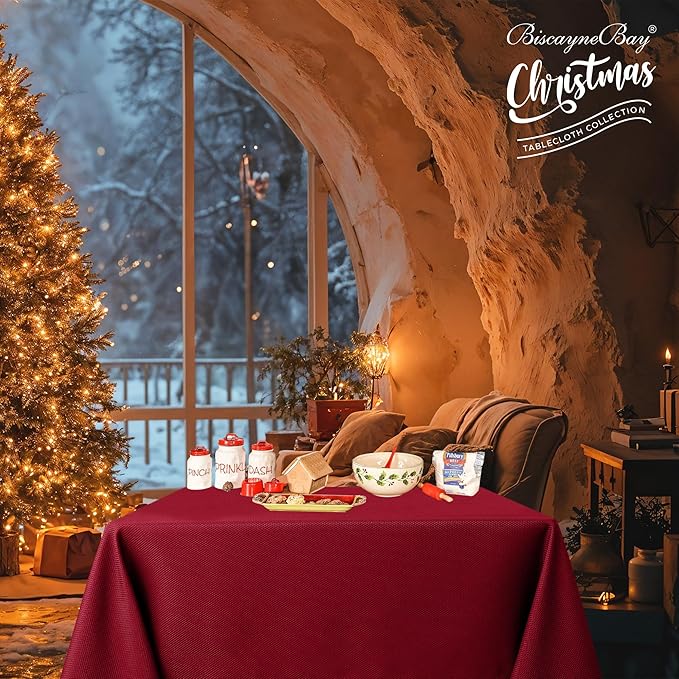 Biscaynebay Textured Fabric Christmas Square Table Cloth 60x60 Inch, Red Water Resistant Spill Proof Tablecloths for Dining, Kitchen, Wedding and Parties, Machine Washable