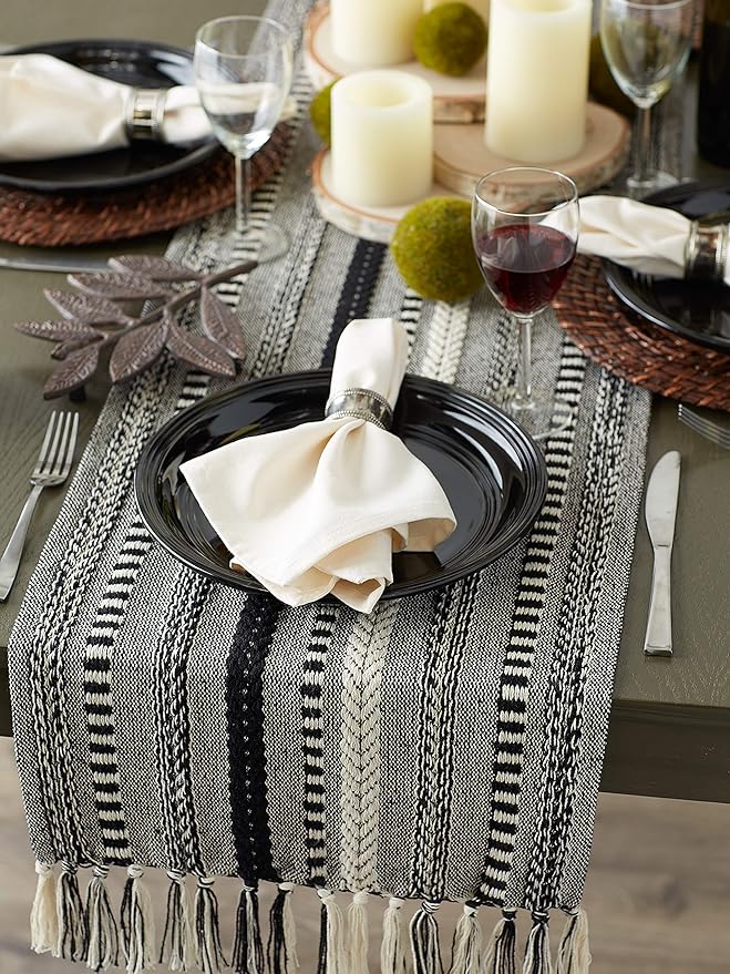 DII Farmhouse Braided Stripe Table Runner Collection, 15x72 (15x77, Fringe Included), Stone (Pack of 12)