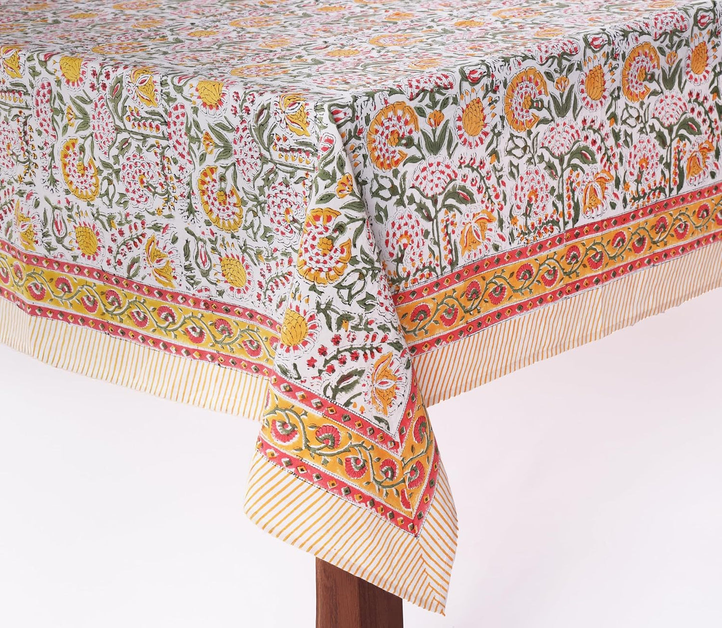 ATOSII Clover Yellow 100% Cotton Rectangle Fall Tablecloth, Handblock Floral Print Linen Table Cloth for Kitchen Dining I Parties, Weddings, Outdoors, Christmas, Thanksgiving Decor 60 X 108 Inches