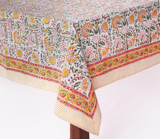 ATOSII Clover Yellow 100% Cotton Rectangle Fall Tablecloth, Handblock Floral Print Linen Table Cloth for Kitchen Dining I Parties, Weddings, Outdoors, Christmas, Thanksgiving Decor 60 X 108 Inches