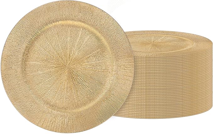 JEVERGN 40 Pack Gold Charger Plates Bulk, 13" Plating Linear Chargers for Dinner Plates, Gold Plate Chargers Set of 40, Round Plastic Charger for Wedding, Party Event, Dinner, Table Setting