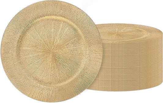 JEVERGN 40 Pack Gold Charger Plates Bulk, 13" Plating Linear Chargers for Dinner Plates, Gold Plate Chargers Set of 40, Round Plastic Charger for Wedding, Party Event, Dinner, Table Setting