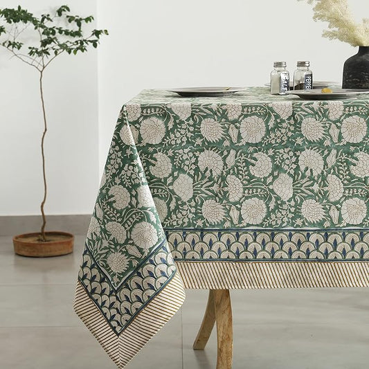 Labhanshi Indian Handblock Print Floral Cotton Table Cloth|Rectangle 60x90 Inch 6-Seater Kitchen Dining Table Cloth|Spring Easter St.Patrick Wedding Holiday Party Decorative Table Cover|Moss Green