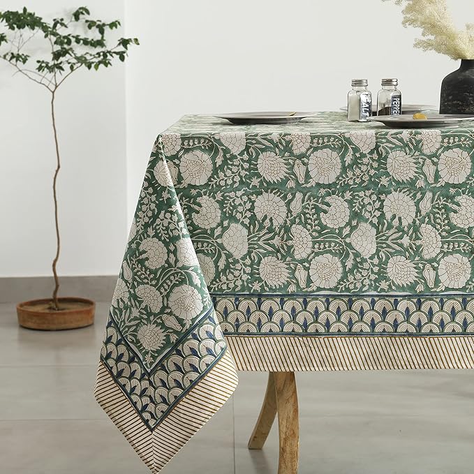 Labhanshi Indian Handblock Print Floral Cotton Rectangle 72x135 Inch 10-Seater Dining Tablecloth|Washable Spring St. Patrick Picnic Outdoor Camping Festive Easter Table Cover|Moss Green