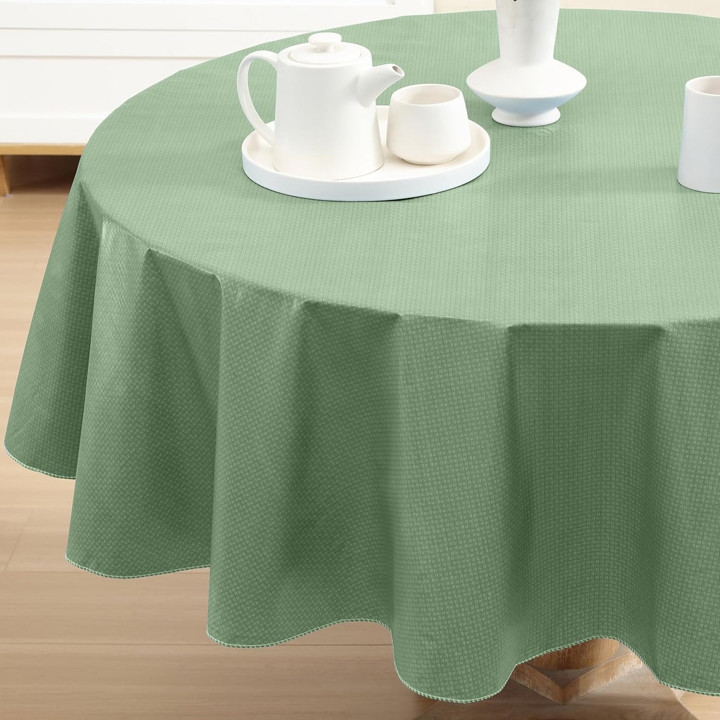 Newbridge Basketweave Vinyl Flannel Backed Tablecloth, 70 Inch Round, Sage Green, Basket Weave Textured Indoor Outdoor Waterproof Table Cover for Patio, Kitchen, Dining