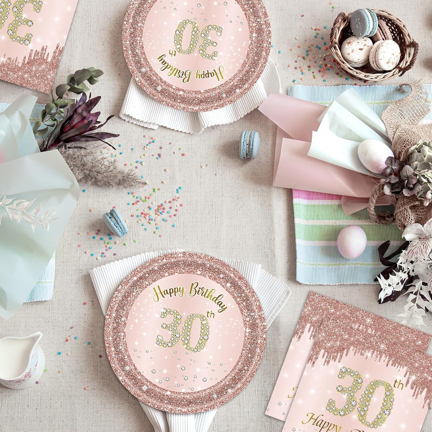 30th Birthday Decorations for Women, Rose Gold Thirty Year Old Party Supplies Include 20 Plates 20 Napkins, Pink 30 Aged Birthday Party Tableware