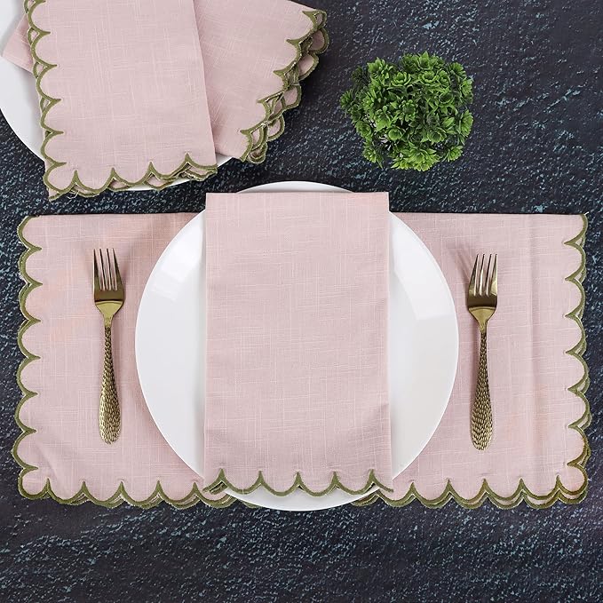 FINGERCRAFT Cloth Napkins, Everyday Use Scallop Design, Premium Quality Cotton Napkin Set of 6 Perfect for Parties Dinners Weddings Easter Napkin Cloth 20x20 inch Pink/Olive Green