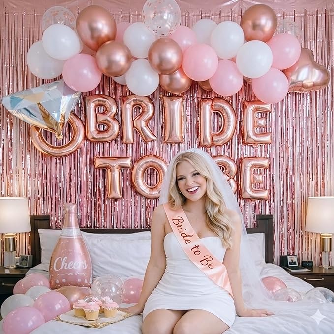 VIDAL CRAFTS Rose Gold Bridal Shower Decorations, 62-Piece Pink Bachelorette Party Decorations with Bride to Be Banner, Confetti Balloons, Bride Sash, Veil, Fringe Curtain & Photo Props