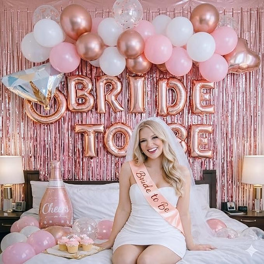 VIDAL CRAFTS Rose Gold Bridal Shower Decorations, 62-Piece Pink Bachelorette Party Decorations with Bride to Be Banner, Confetti Balloons, Bride Sash, Veil, Fringe Curtain & Photo Props
