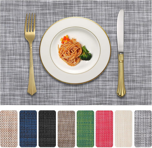 Vinyl Placemats Set of 4, PVC Woven Washable Non-Slip Table Mats, Heat Resistant Wrinkle Free Place Mats for Dining Table, Easy to Clean (4, Light Grey)