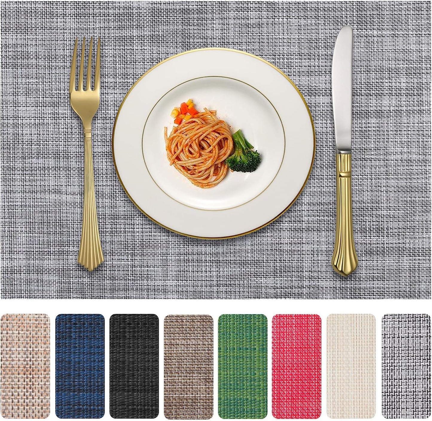 Vinyl Placemats Set of 8, PVC Woven Washable Non-Slip Table Mats, Heat Resistant Wrinkle Free Place Mats for Dining Table, Easy to Clean (8, Light Grey)