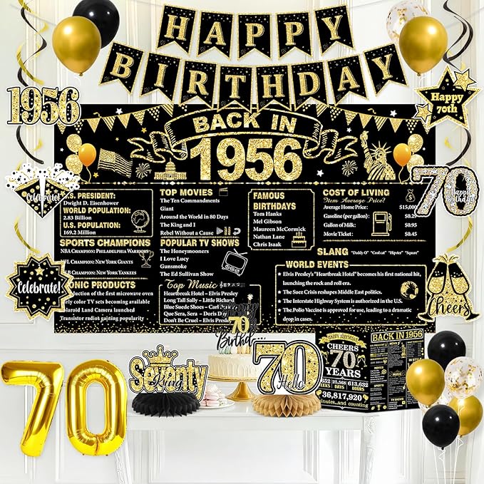 70th Birthday Decorations for Men, Black Gold Back in 1956 Party Supplies with Banner, Backdrop, Sash, Balloons, Cake Topper, Honeycomb Centerpieces, Happy 70th Birthday Party Decorations Kit