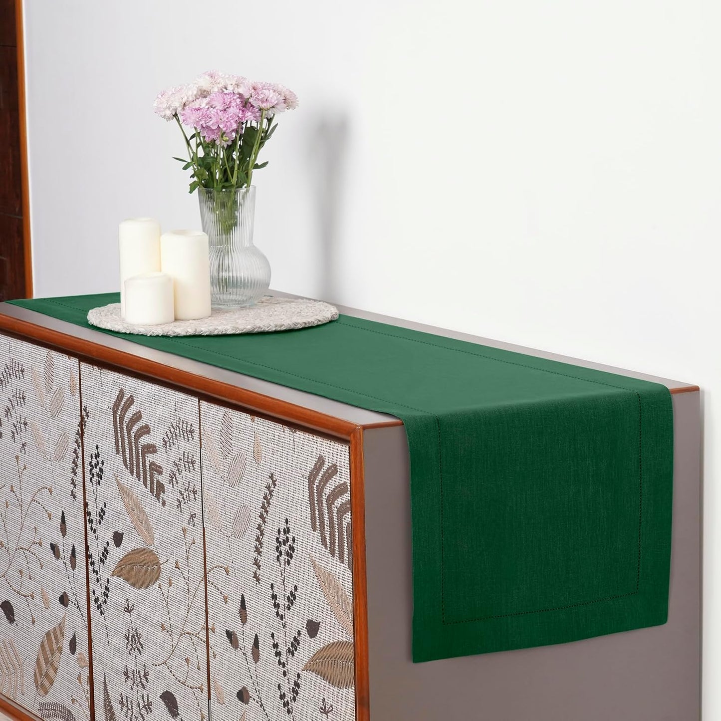 D'Moksha Homes Linen Forest Green Table Runner 36 Inches - 100% Pure Linen Small Table Runner 14 x 36 Inch Ideal for Dresser, Coffee Tables, Fall and Halloween - Classic Hemstitch - Classic Hemstitch