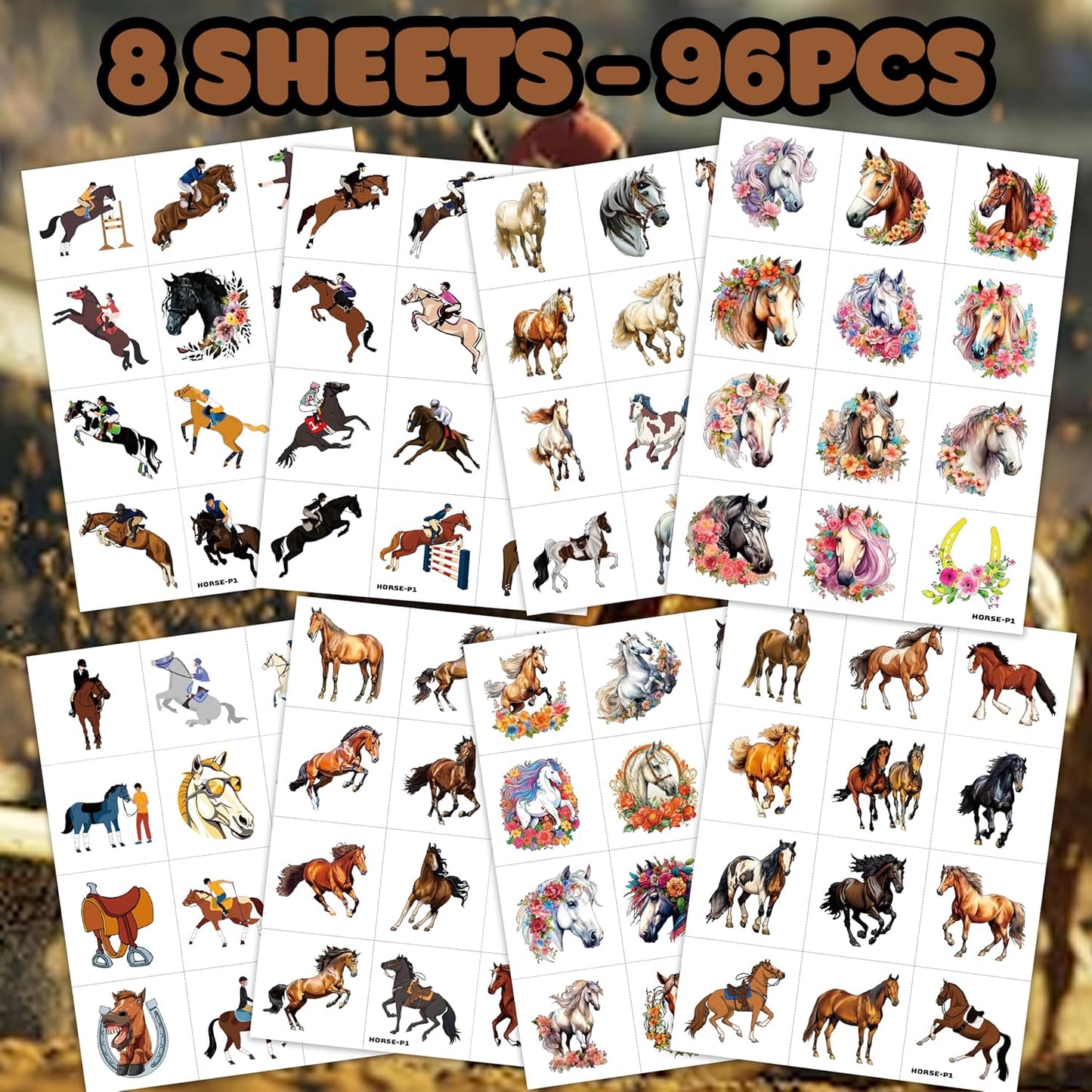 96 PCS Floral Cowgirl Horse Derby Pre-Cut Temporary Tattoos Birthday Party Favors Decorations Supplies Stickers Racing Pink Wild Horse Rodeo Cowboy Girls Boys Men Gift School Prizes Rewards (Normal)