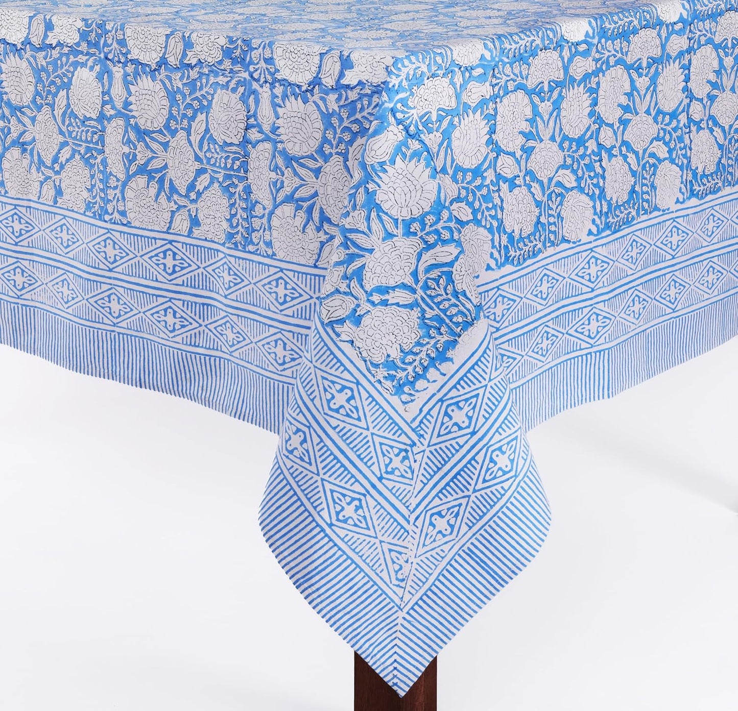 ATOSII Azora Blue 100% Cotton Rectangle Fall Tablecloth, Handblock Floral Print Linen Table Cloth for Kitchen Dining I Parties, Outdoors, Christmas, Thanksgiving I 72 X 120 Inches I 10 Seater