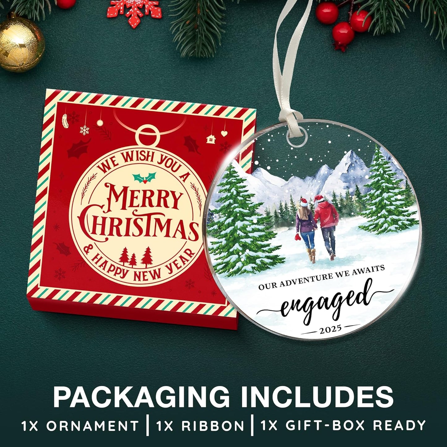 Engagement Gifts for Couples - Impressive 2025 Engagement Ornament Set, Timeless First Christmas Engaged Ornament, Unique Bride to Be Gifts, Cherished Our First Christmas Engaged Ornaments Collection