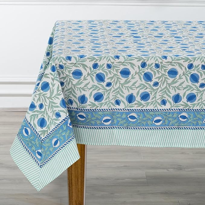 Ridhi Hand Block Print Queen Blue Rectangle Cotton Tablecloth 120" x 80" Reusable Table Cover Decorative Everyday Use for Dining, Farmhouse, Home Gift for Spring, Easter, Valentine