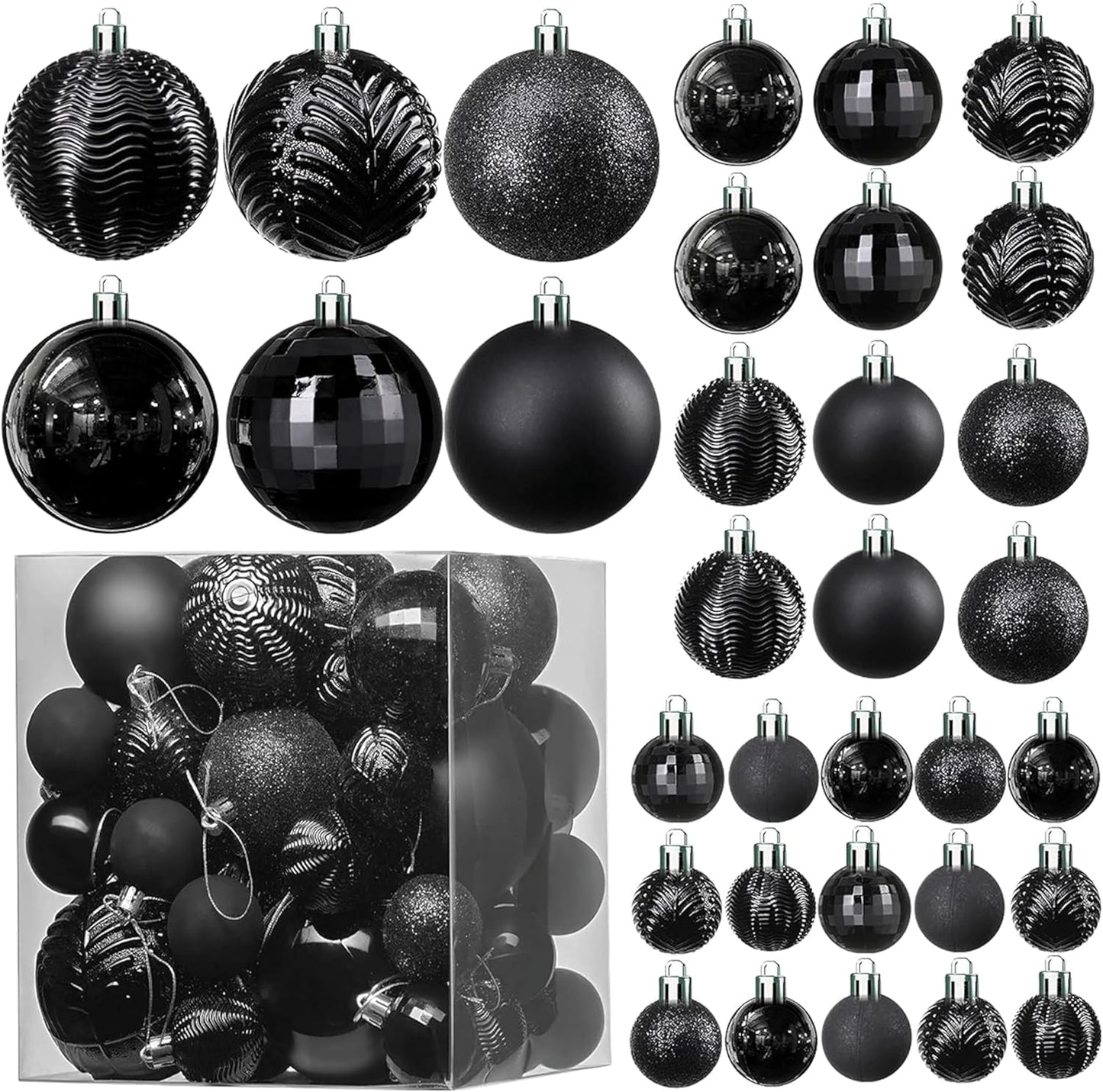 PREXTEX 36-Piece Black Christmas Ornaments - Shatterproof Tree Balls in 6 Styles and 3 Sizes with Hanging Loops to Decorate Black Christmas Tree - Ideal for Indoor and Outdoor Holiday Decor