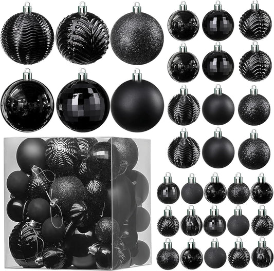 PREXTEX 36-Piece Black Christmas Ornaments - Shatterproof Tree Balls in 6 Styles and 3 Sizes with Hanging Loops to Decorate Black Christmas Tree - Ideal for Indoor and Outdoor Holiday Decor