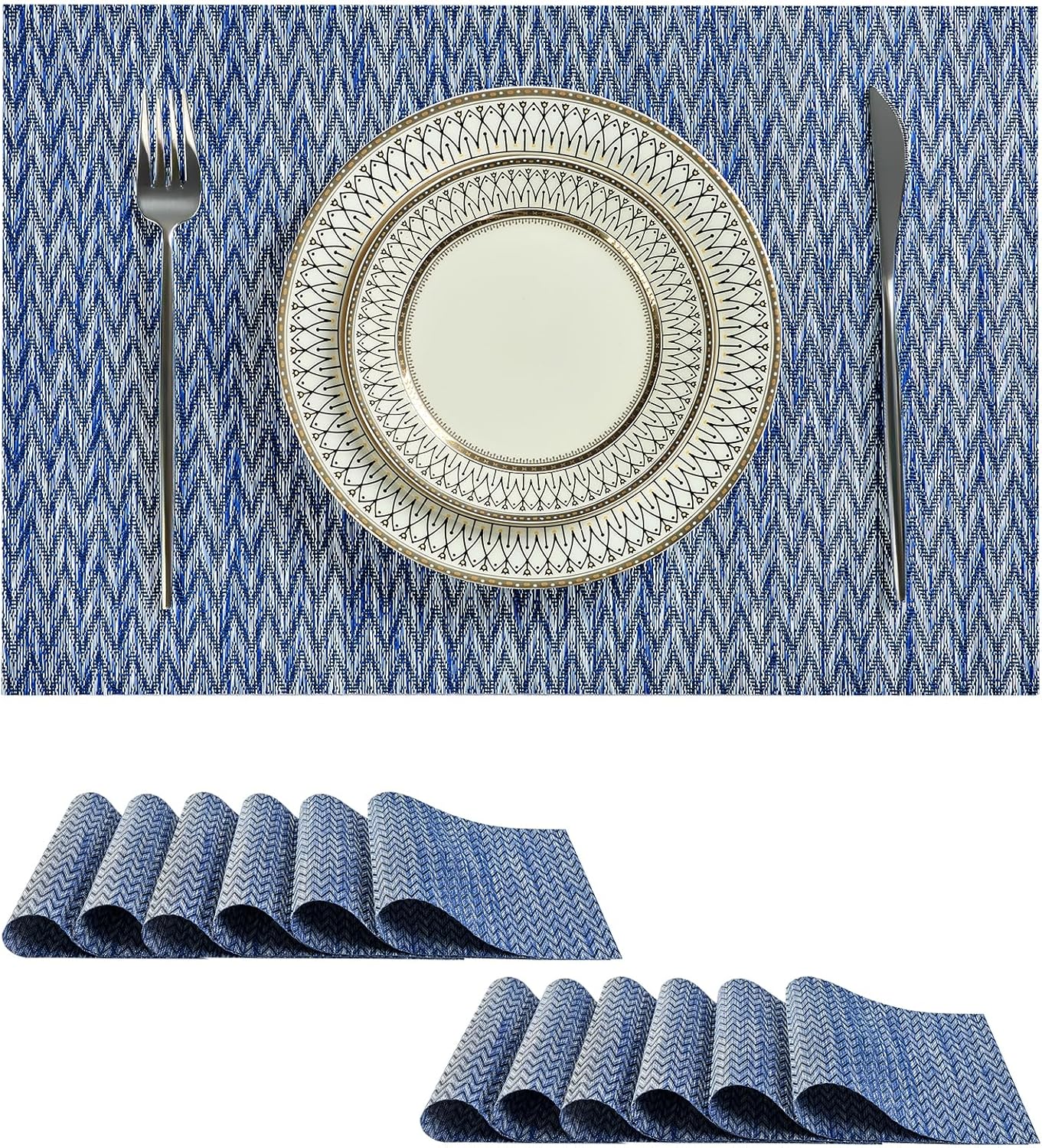Leetaltree Blue Placemats Set of 12 - Heat Resistant Non-Slip Place mats for Dining Table, Washable Durable PVC Vinyl Woven Table Mats（Blue Zigzag, 12）