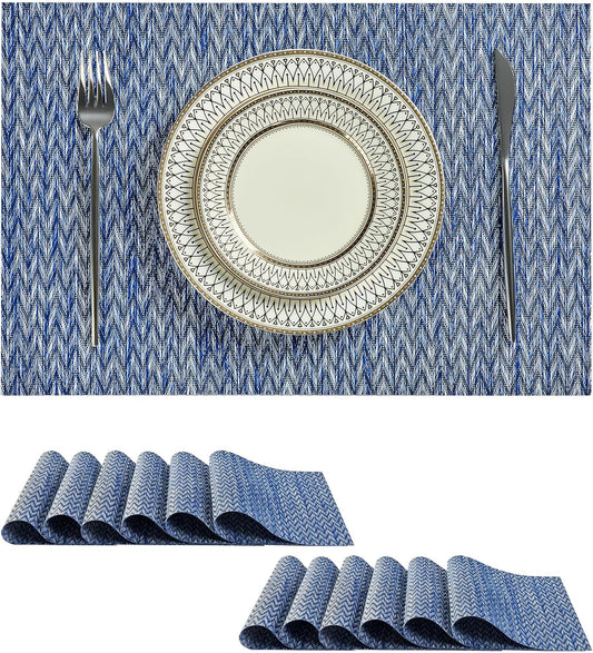 Leetaltree Blue Placemats Set of 12 - Heat Resistant Non-Slip Place mats for Dining Table, Washable Durable PVC Vinyl Woven Table Mats（Blue Zigzag, 12）